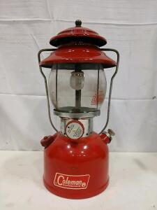 Coleman 200A Single-Mantle Lantern, Red Top, Pyrex Globe, Made in USA, Vintage Liquid Fuel