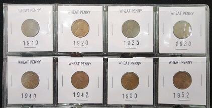 (8) 1919-1952 U.S. Wheat Penny Coins