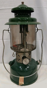 Coleman 2-Mantle Liquid Fuel Lantern, Model 220E/228E, 1951, Green, Pyrex Globe, USA
