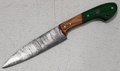(1) Fixed Blade Damascus Steel Utility Kitchen Knife With Wood Handle