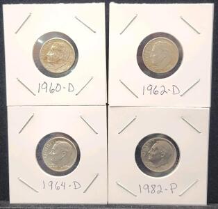 (1) 1960-D U.S. Roosevelt Dime Coin (1) 1962-D U.S. Roosevelt Dime Coin (1) 1964-D U.S. Roosevelt Dime Coin (1) 1982-P U.S. Roosevelt Dime Coin