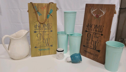 Decorative Home Decor Lot with 2 &ldquo;Home Sweet Home&rdquo; Wall Signs, Pitcher, 4 Metal Vases, Candle & Warmer