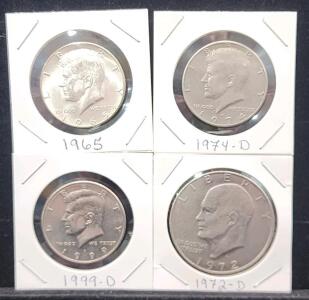 (1) 1965 U.S. Kennedy Half Dollar Coin (1) 1974-D U.S. Kennedy Half Dollar Coin (1) 1999-D U.S. Kennedy Half Dollar Coin (1) 1972-D Eisenhower Dollar Coin