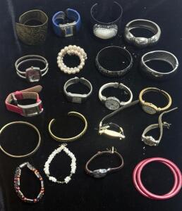 Vintage Assorted Ladies Watch & Jewelry Lot: DSI, Fairy, Bangles, Beads, Mixed Cuffs, 18+ Pieces