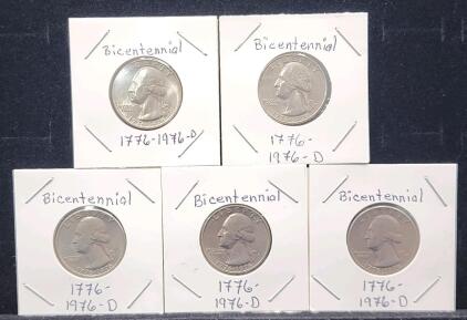 (5) 1776-1976-D Bicentennial Washington Quarter Dollar Coins