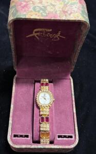 Faberg&eacute; Ladies Gold-Plated Quartz Watch with Multi-Color Gemstones, Original Box, Ornate Design