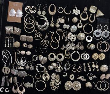 Large Assorted Silver-Tone Earrings Lot, 60+ Pieces, Vintage & Modern Hoops, Dangles, Studs