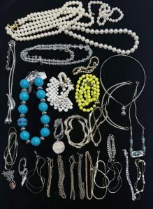 Large Assortment Of Necklaces Including Gold-Tone Maple Leaf Pendant Necklace & Silver-Tone Rhinestone Bar Pendant Necklace Set, 18"