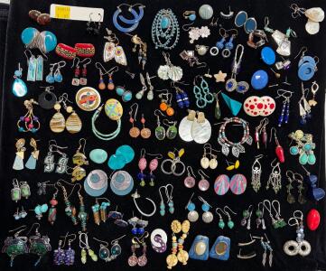 Large Multicolor Mixed Earring Lot, Dangle, Hoop, Stud, Some Sterling, 1980s-2000s