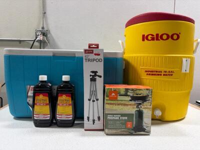 Camping Lot: GPX 42" Tripod, Coleman 48qt Cooler, Ozark Trail Propane Stove, Igloo 10gal Water Cooler