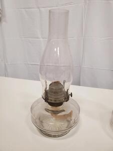 Antique Clear Glass Kerosene Oil Lamp with Tall Chimney, Molded Base, 12-14" Height, Cracked Base