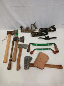 Vintage Stanley Combination Plane, Carpenter Hatchets, Drawknives, & Hand Tools Lot