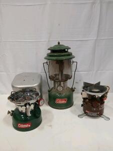 Coleman Peak 1 Model 400 Stove, Model 502 Stove with Case, 220F Lantern, Vintage Liquid Fuel