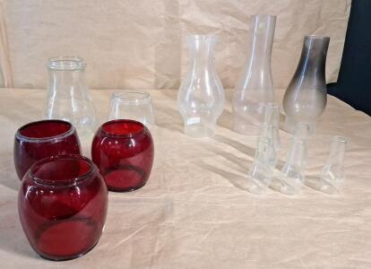 (14) Assorted Glass Lantern Globes. (3) Ruby & (11) Clear