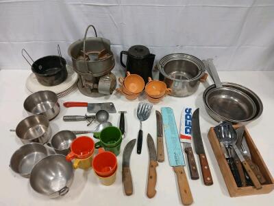 Vintage Ransome P52 Camp Stove & Mixed Kitchenware Lot, Stainless Cookware, Utensils, Cups