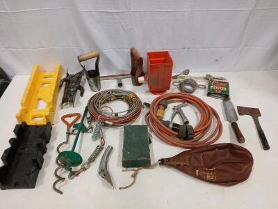Mixed Vintage & Modern Hand Tool Lot: Soil Samplers, Clippers, Mitre Box, Hatchet, Air Hose, 17+ Items