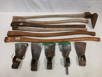 Broad Axe Heads (5) with 6 Wooden Handles, Vintage Timber Hewing Tools, Single Bevel, 8&ndash;10" Blade