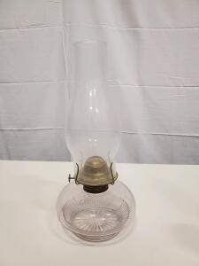 Clear Pressed Glass Kerosene Oil Lamp, Brass Burner, Starburst Base, 12&ndash;14" Tall, Chimney Included
