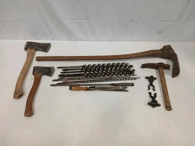 Antique Tool Collection: Broad Axe, 2 Hatchets, Hammer, 12 Auger Drill Bits, Vintage Holders