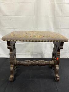 Antique Needlepoint Upholstered Wooden Footstool, Floral, Ornate Scrollwork Sides, 20"x12"x16"