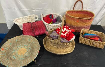 Assorted Set of 7 Woven Baskets & Bag &ndash; Mixed Styles, Wicker & Leather, Multiple Sizes, Vibrant Colors