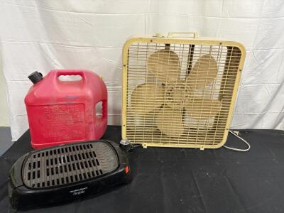 Hamilton Beach Portfolio Electric Grill | Blitz 5-Gal Gas Can | 20-Inch Vintage Box Fan, Lot of 3