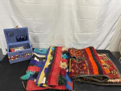 Sewing Kit & Andean Folk Wall Hangings & Turkish Kilim Saddlebag Lot, Handwoven Wool, Colorful Patterns, 24"x40" Rugs