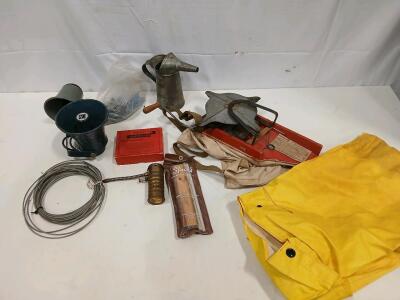 Vintage Dover 1 Qt Liquid Measuring Can, Cyclone Seed Sower, Brass Oiler & More&mdash;Farm Lot