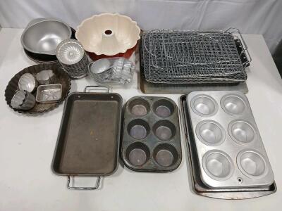 Large Vintage Metal Bakeware Lot &ndash; Bundt Pans, Muffin Tins, Loaf Pans, Cooling Racks