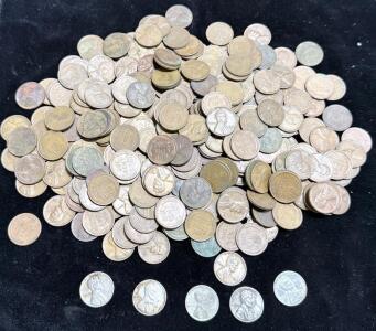 Bulk Lot Lincoln Wheat Cents with 1943 Steel Pennies, Mixed Years & Mint Marks, 200+ Coins