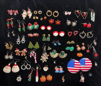 Large Lot of Mixed Holiday, Novelty & Vintage Costume Earrings, Various Styles & Themes