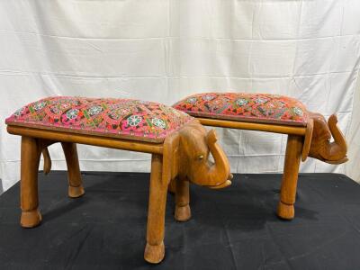 Pair of Hand-Carved Wooden Elephant Benches with Embroidered Seats, Indian Folk Art Accent Stools