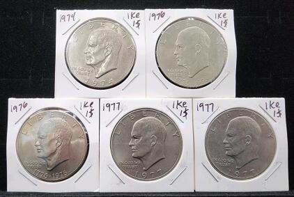 (5) 1974-1977 U.S. Eisenhower Dollar Coins