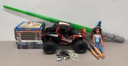 Polaris RZR RC Toy Vehicle, 1/10&ndash;1/12 Scale, Off-Road, Battery Powered, Black/Red, Telescoping Sword, (2) Barbies, And DVD Collection
