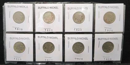 (8) 1919-1936 U.S. Buffalo Nickel Coins