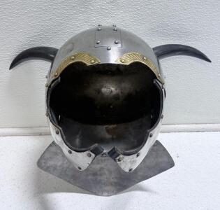 Steel Fantasy Horned Helmet with Brass Trim and Articulated Neck Guard, Costume or Display Armor