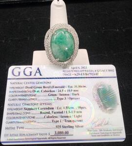 (1) Size 8 .925 Dyed Green Beryl Oval Cabochon Emerald Ring W/ GGA Card
