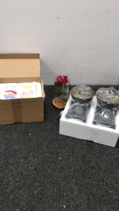 (2) Outdoor Lantern Lights (1) Set Of Fry Sauce Glass Dipping Trays (1) Rose in a Jar