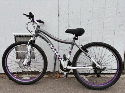 Genesis Whirlwind 26" Mountain Bike, Steel Frame, Front Suspension, 21-Speed, Shimano, Gray/Purple