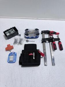 Assorted Workshop Lot: Bessey Bar Clamps, Craftsman 4" Wrench, Kobalt Titanium Drill Bit Set