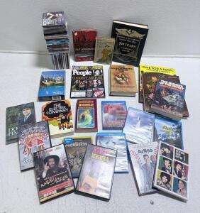 Large Mixed Media Lot: 20+ DVDs/Blu-rays, 25+ CDs, Books, People Magazine, Box Sets, Sealed Items