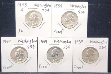 (4) 1959 U.S. Washington Quarter Coins (1) 1943-S U.S. Washington Quarter Coin