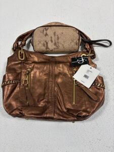B. Makowsky Metallic Bronze Leather Shoulder Bag with Gold Hardware & Matching Wristlet, BM20303B