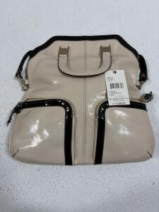 B. Makowsky Vienna Convertible Tote, Stone/Black Patent Leather, 16"x14"x4", Leopard Lining