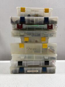 Large Lot of 6 Tackle Boxes: Over 100 Soft Plastics, Hard Baits, Hooks, YUM, Yamamoto, Boxer, AA&rsquo;s