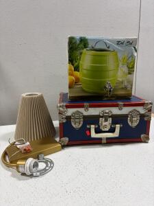 Pleated Fabric Shade Wall Sconce with hardware, new in box. Green drink dispenser in box. Small blue trunk.