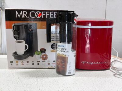 Mr. Coffee BVMC-KG2B K-Cup Brewer, Takeya 2QT Cold Brew Coffee Maker, Frigidaire Mini Fridge Red