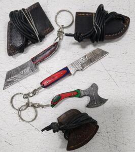 (3) Small Damascus Steel Keychain Knives With Wood Handles And Sheaths