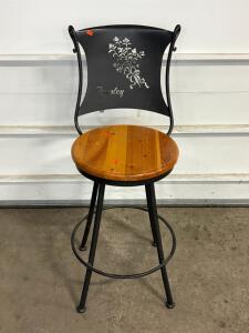 Metal and Wood Bar Stool with Decorative Parsley Herb Motif Backrest, 30" Seat Height