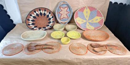 (10) Assorted Hand Woven Decorative Baskets, (6) 9" Mats & (2) 2-Piece Wooden Utencil Sets
